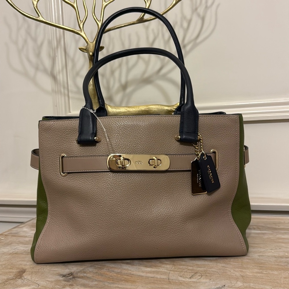 Coach Beige and Green Leather Tote